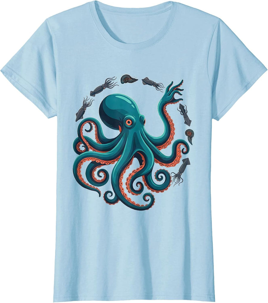Women's Octopus Squid Cuttlefish Nautilus Sea Creature Marine Lover T-Shirt - Baby Blue