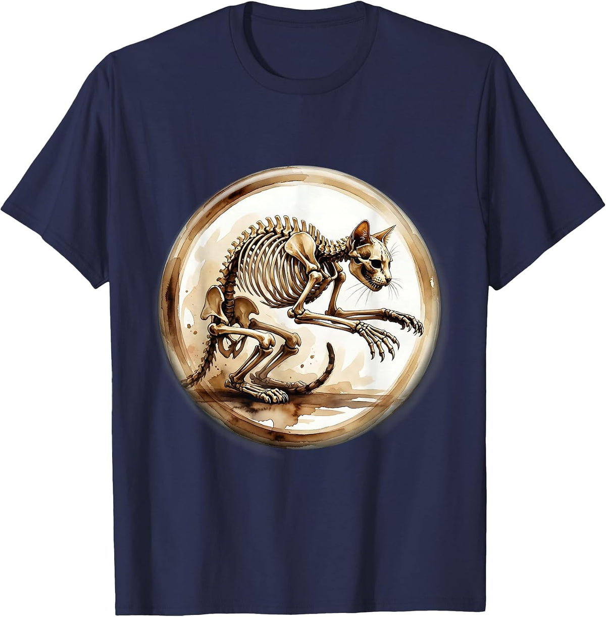 Cat Skeleton Mid-Pounce Illustration T-Shirt - Navy Blue