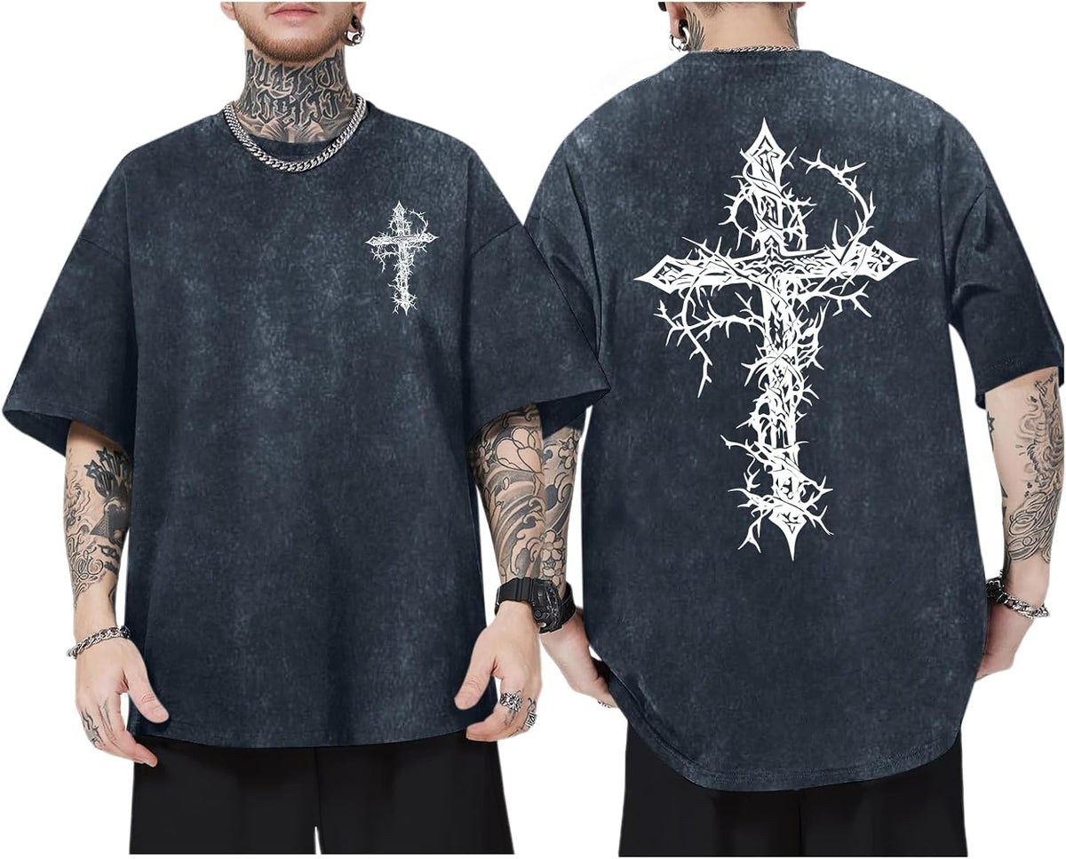 Men's Goth Shirt Oversized Acid Wash Grunge Shirts Gothic Cross Graphic Tees Vintage Streetwear Summer Tshirts - Denim Blue