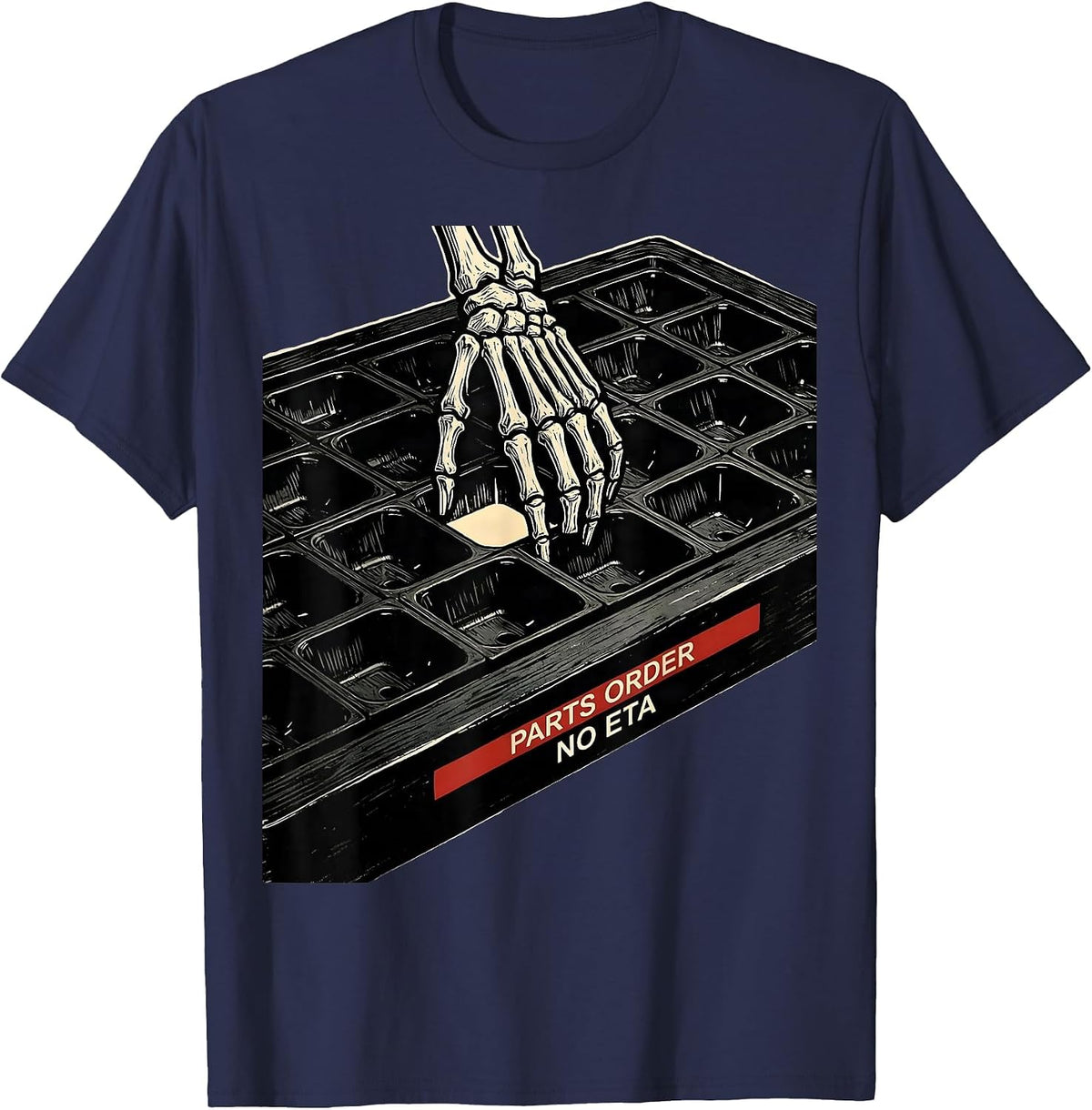 Men's Parts Order No ETA Funny Mechanic Skeleton Auto Repair T-Shirt - Navy Blue