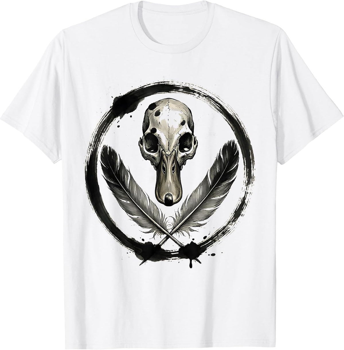 Men's Duck Skull Crossed Feathers Gothic Nature Design T-Shirt - White