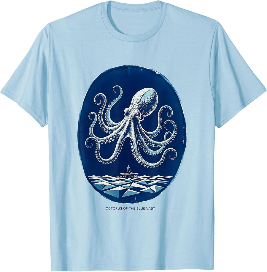 Men's Octopus of the Blue Vast Cyanotype Ocean Animal Lover Art T-Shirt - Baby Blue
