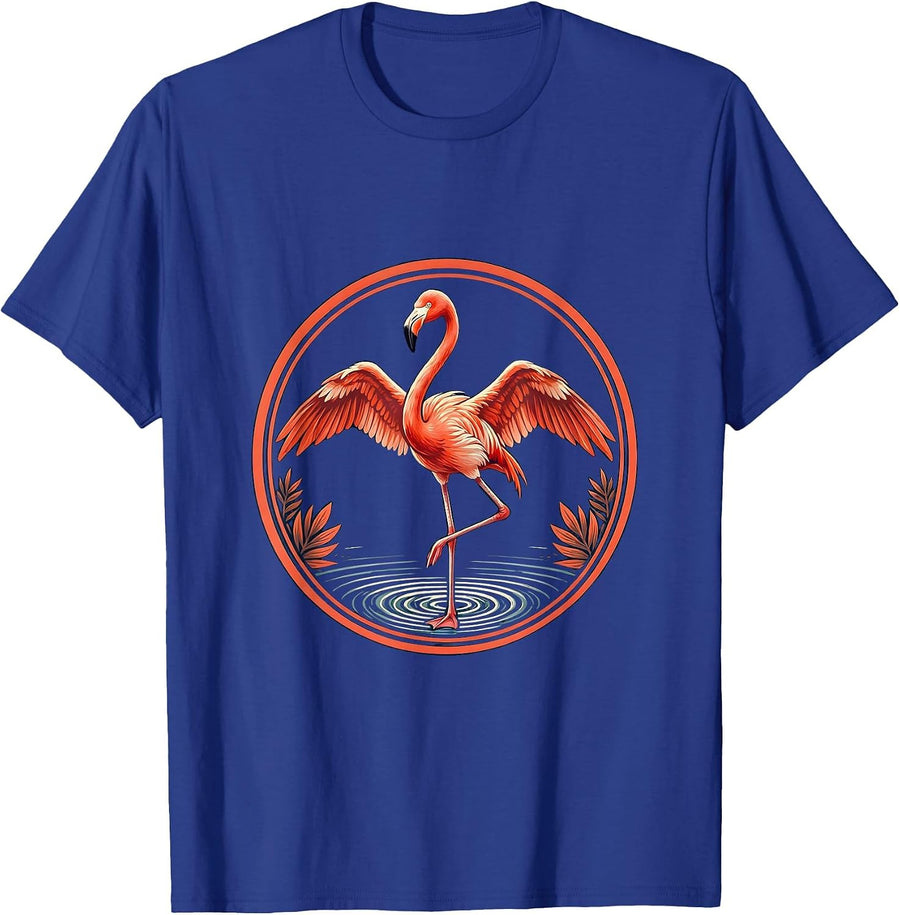 Flamingo Standing in Shallow Pink Water Illustration T-Shirt - Royal Blue