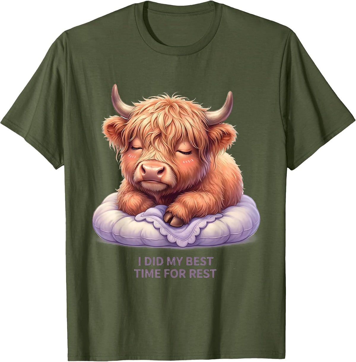 Men's I Did My Best, Time For Rest Cute Kawaii Highland Cow T-Shirt - Olive Green