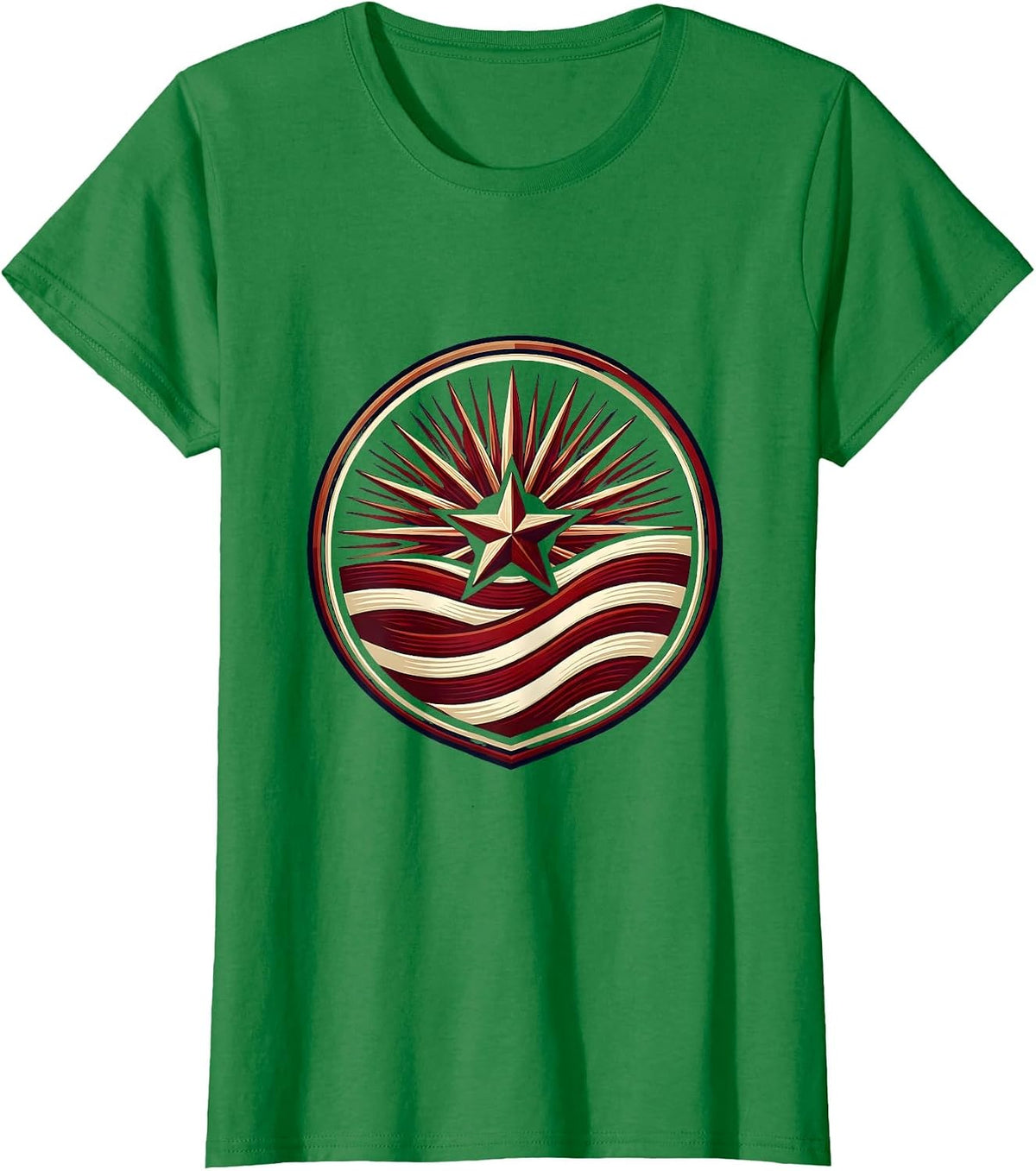 Women's Red White and Blue Sunburst Waving Flag Stripes T-Shirt - Kelly Green