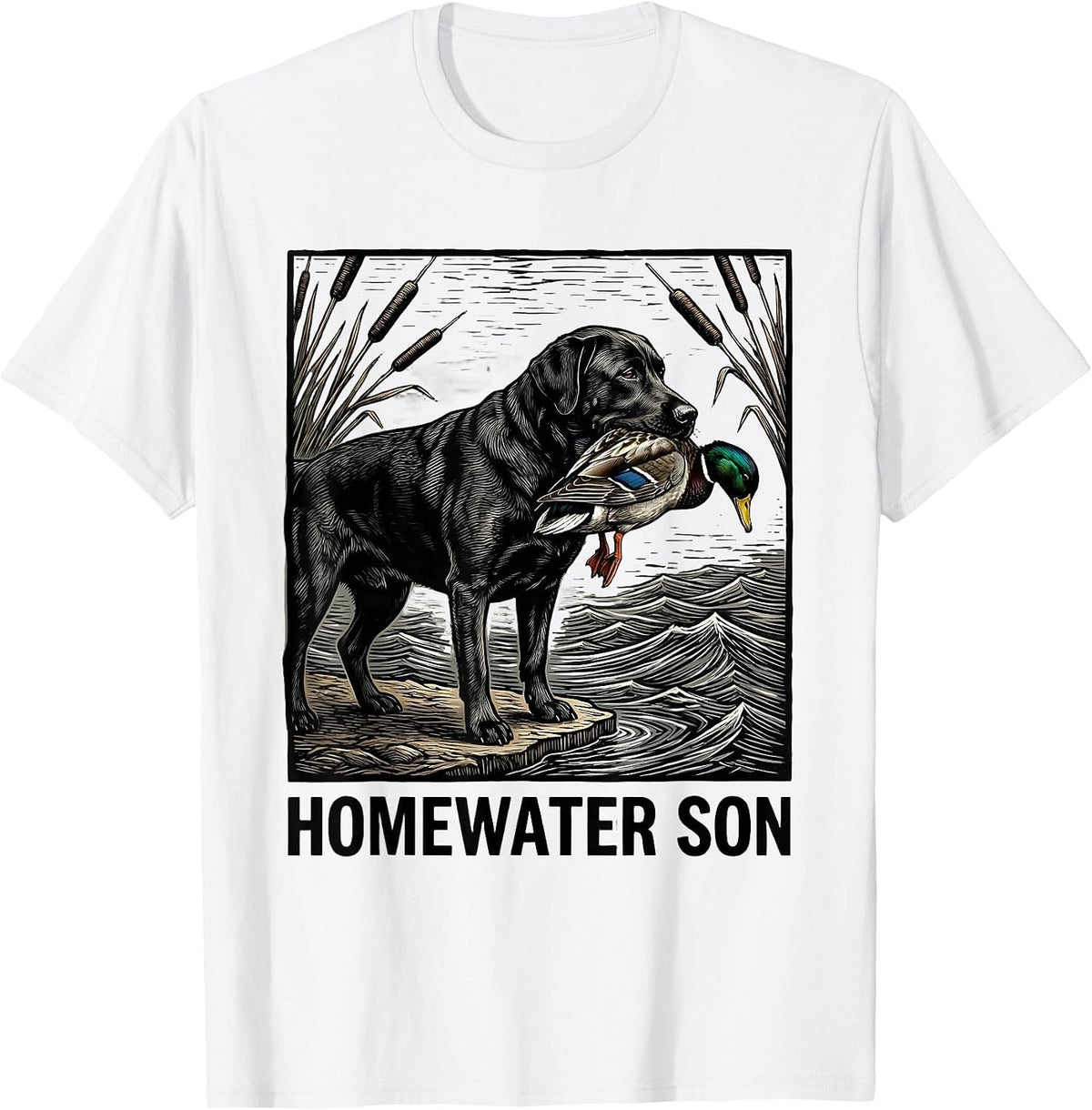 Men's Homewater Son Woodcut Engraving Black Labrador Duck Hunting T-Shirt - White