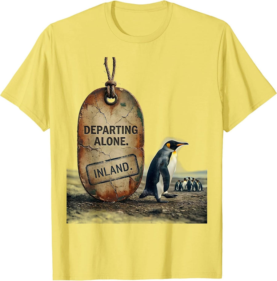 Men's Departing Alone Inland Vintage Penguin Lover Humor T-Shirt - Lemon Yellow