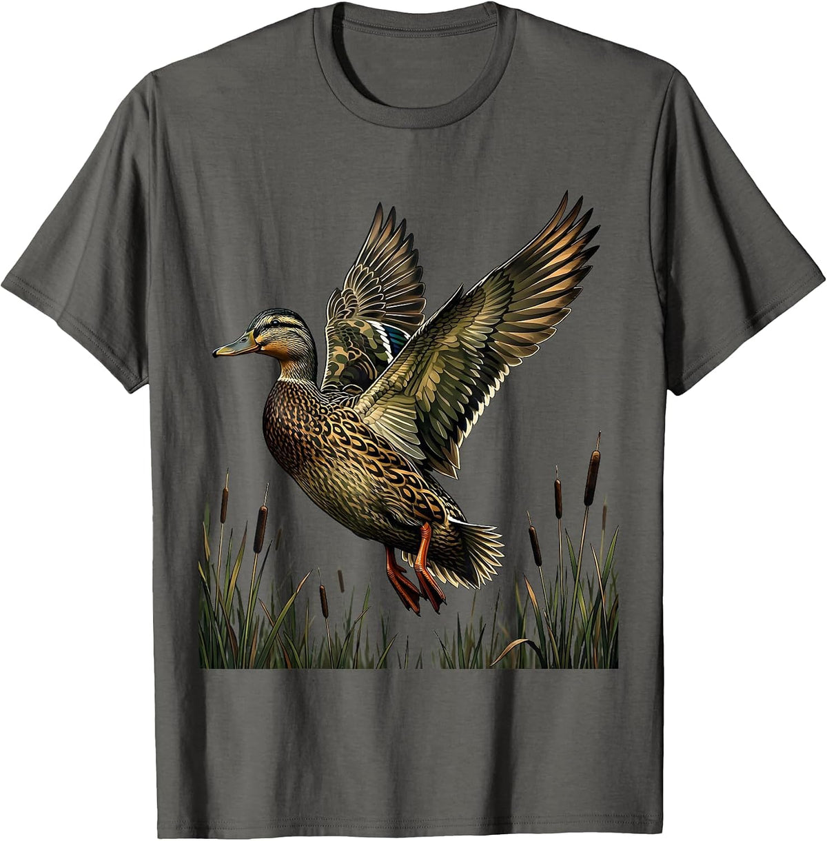 Camo Duck Flying Over Marsh Reeds Illustration T-Shirt - Asphalt Grey
