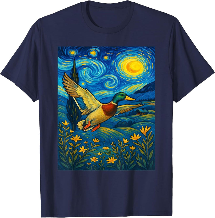 Starry Night Mallard Duck Van Gogh Style Hunting Farmer Farm T-Shirt - Navy Blue