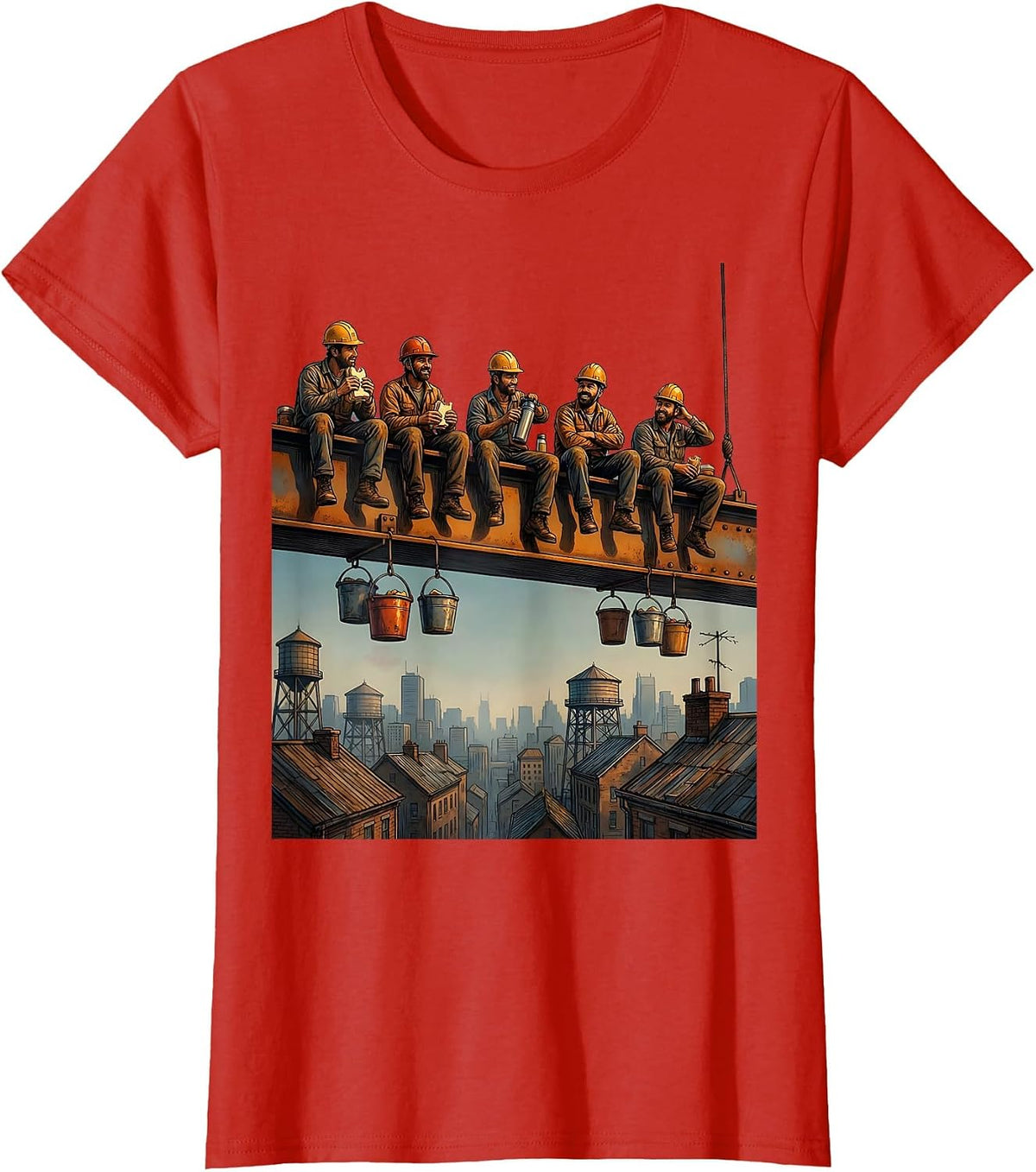 Ironworkers Lunch Break on Steel Beam Graphic T-Shirt - Red