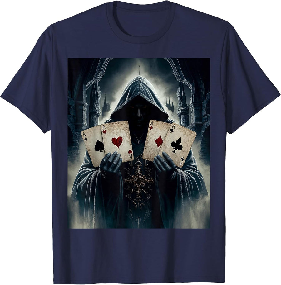 Dark Fantasy Hooded Gambler – Gothic Playing Cards Design T-Shirt - Navy Blue