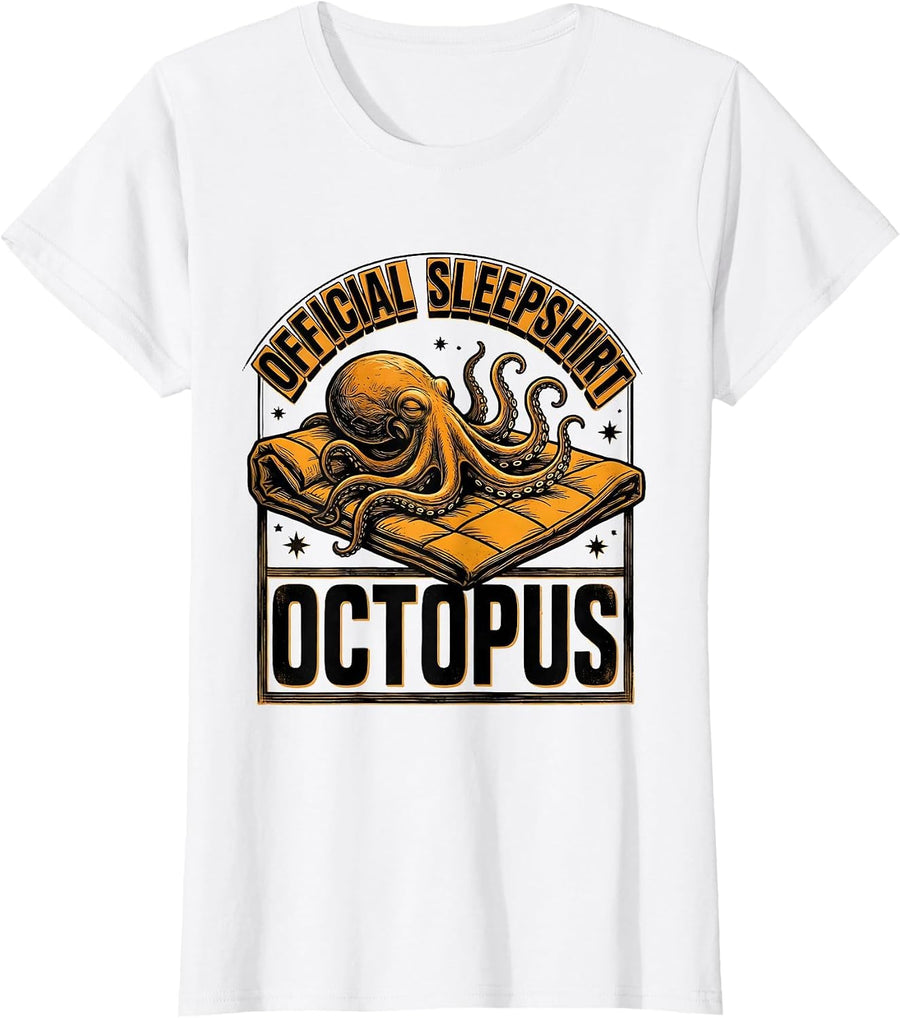 Women's Official Sleepshirt Octopus Wood Type Letterpress Animal T-Shirt - White