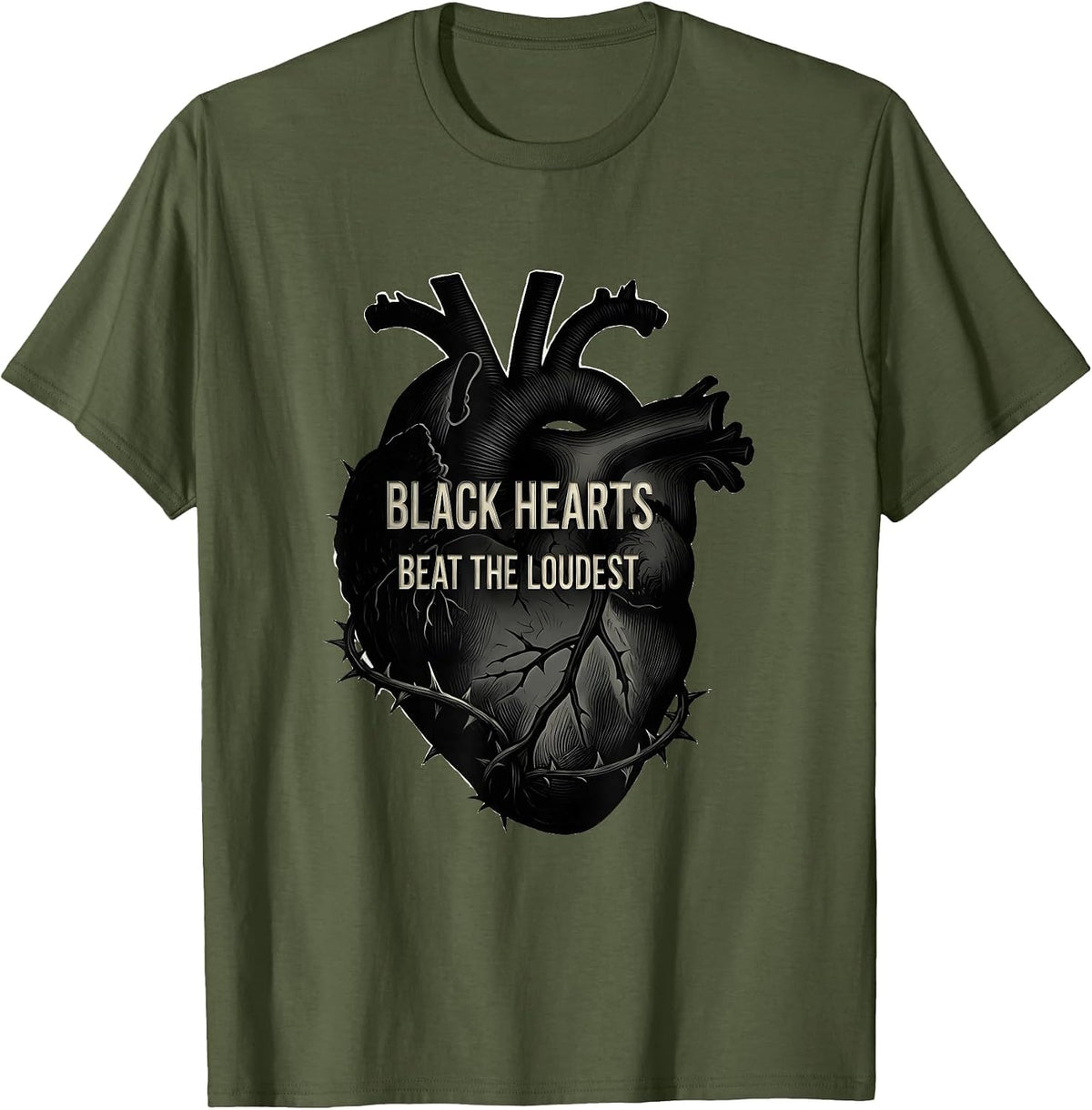 Black Hearts Beat the Loudest Goth Design T-Shirt - Olive Green