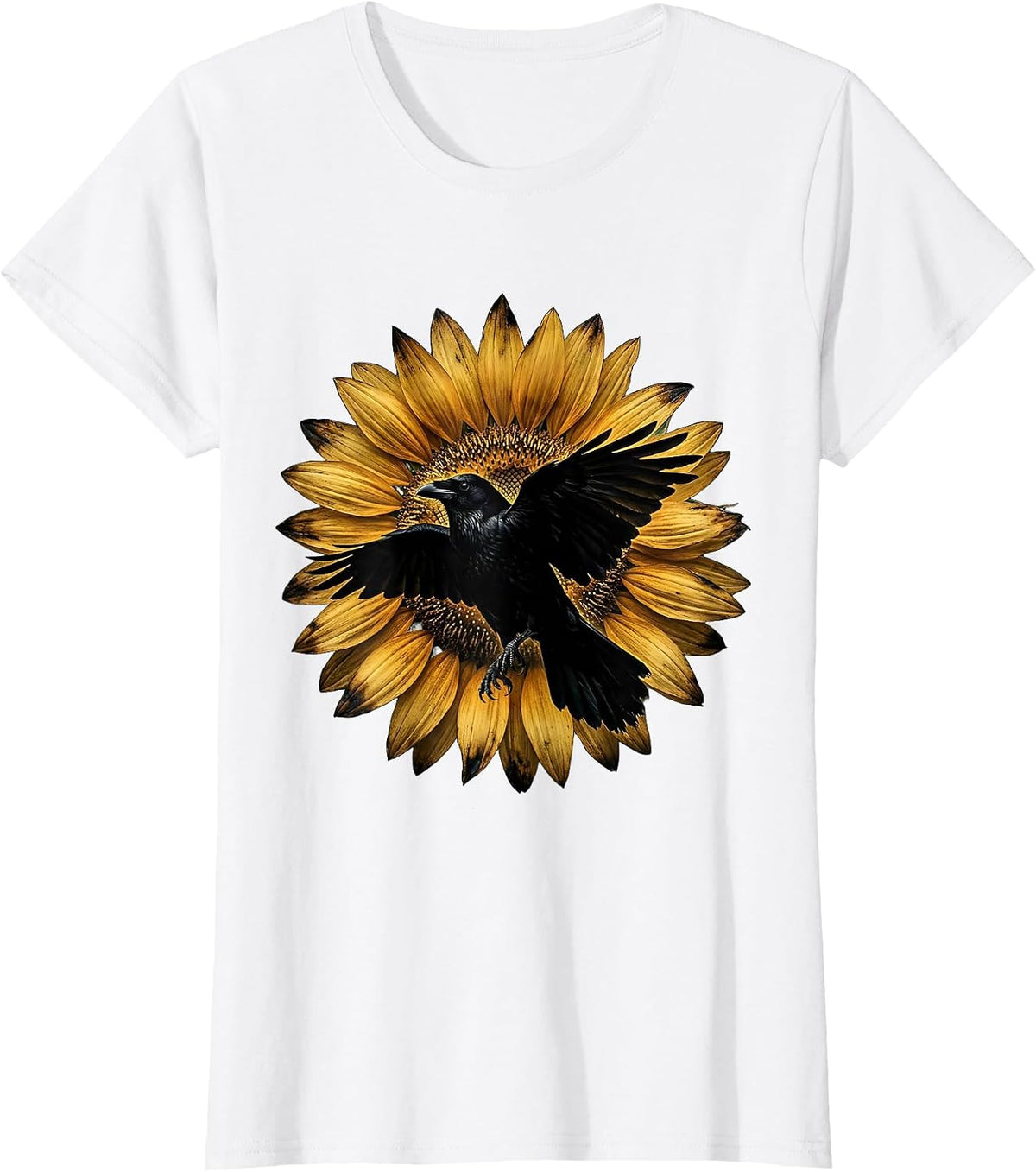 Women's Crow Silhouette Blooming Sunflower Graphic T-Shirt - White