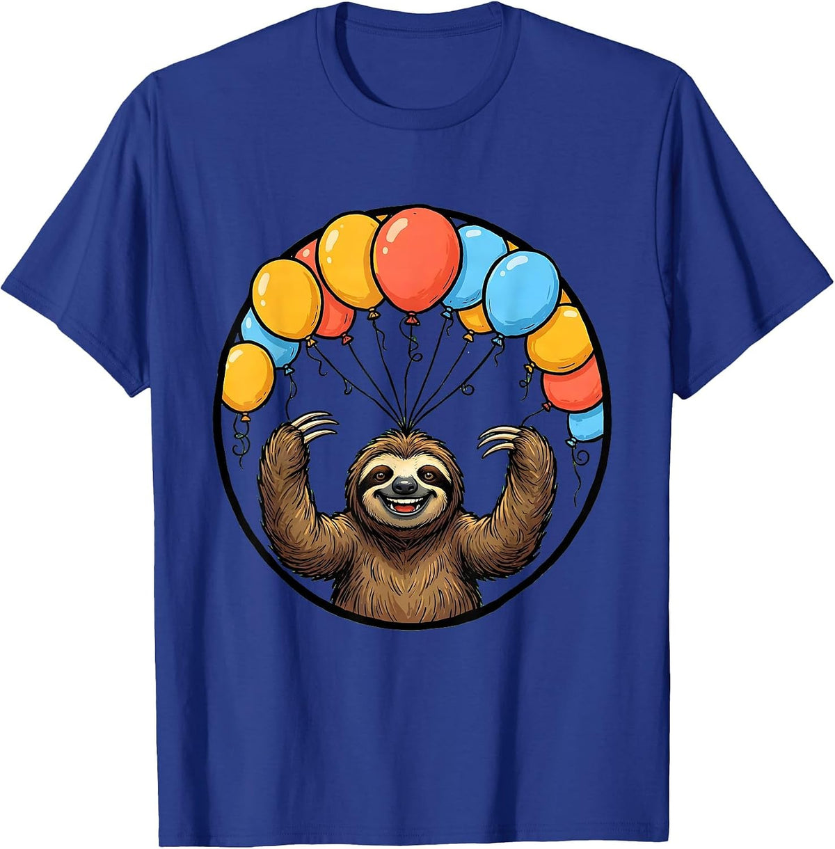 Laughing Sloth Floating With Colorful Balloons T-Shirt - Royal Blue