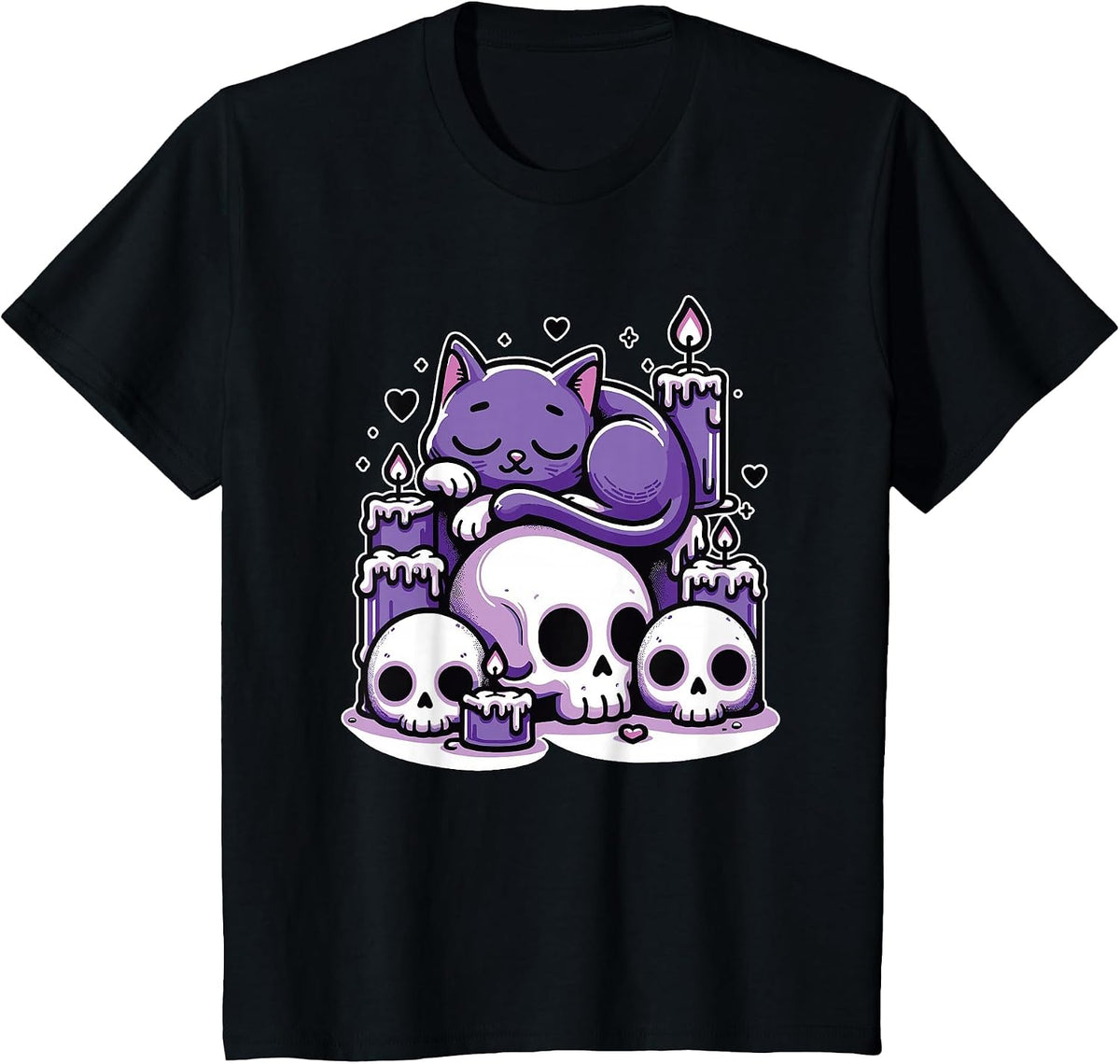 Kawaii Pastel Goth Cute Creepy Cat Candles Skeleton T-Shirt - Black