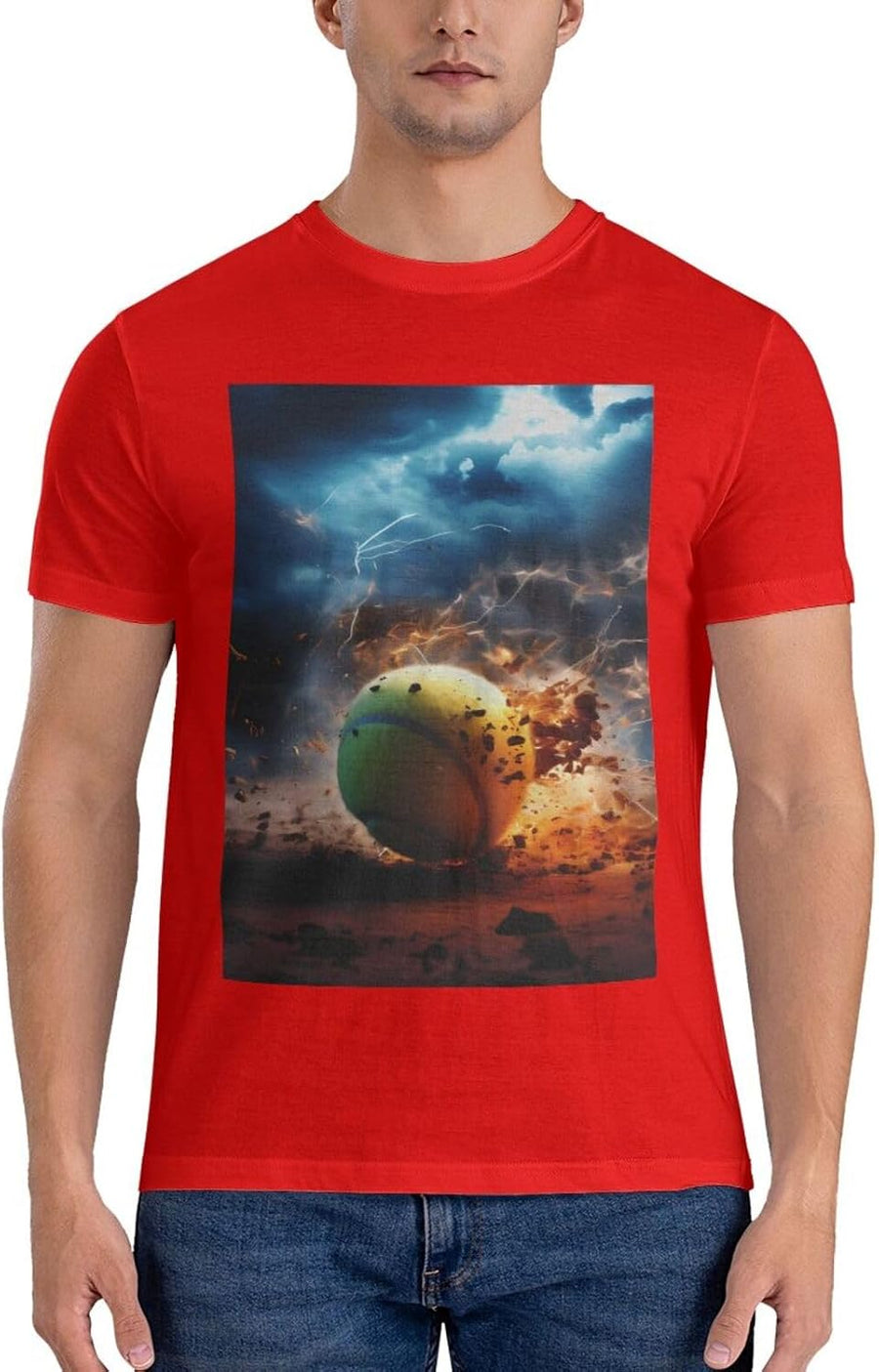 Lightning Tennis Men's 100% Cotton Crewneck T-Shirt - Soft Breathable Black Short Sleeve Everyday Tee - Red