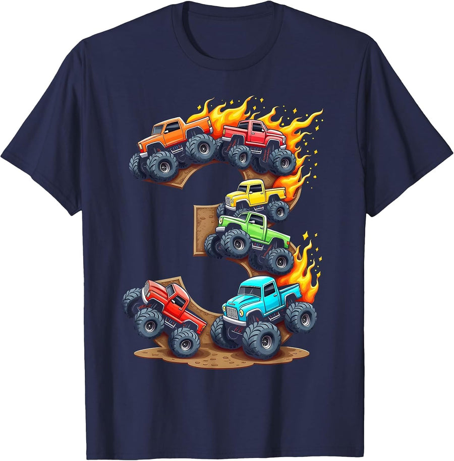 3 Year Old Monster Truck Boy Toddler 3rd Birthday Party T-Shirt - Navy Blue