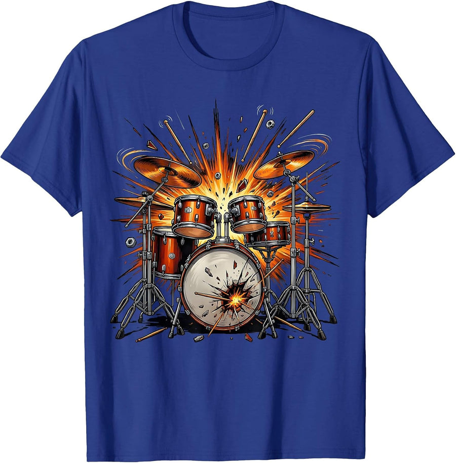 80s Rock Exploding Drum Kit Graphic T-Shirt - Royal Blue