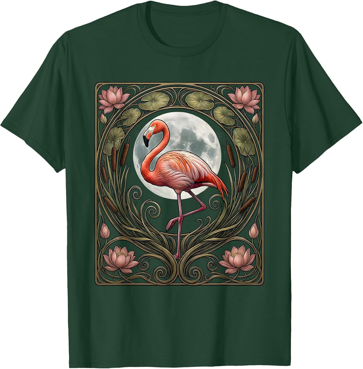 Flamingo Silhouette Full Moon Night Sky Design T-Shirt - Dark Green