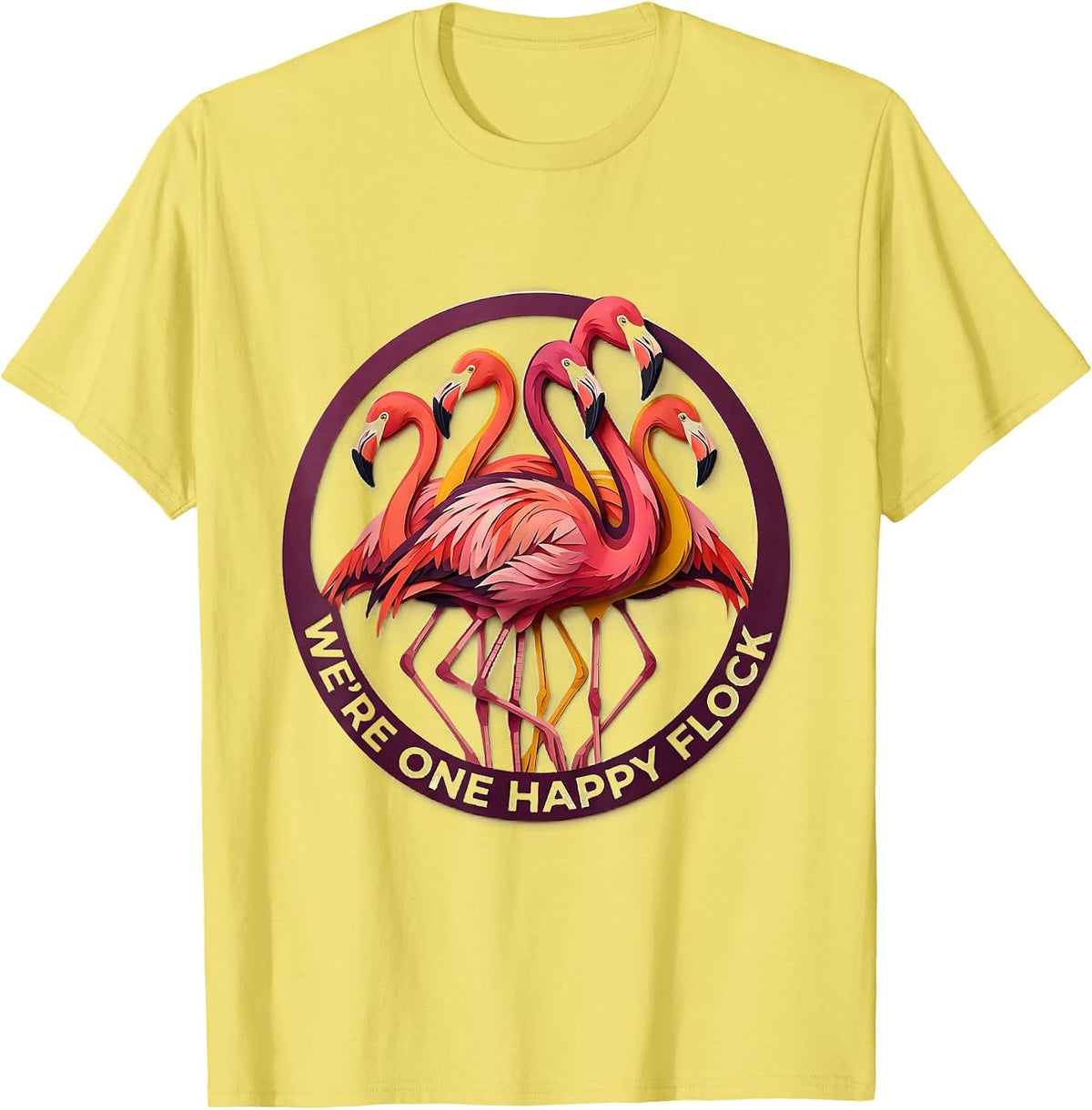 Men's We're One Happy Flock Paper Cutout Flamingo Novelty Bird T-Shirt - Lemon Yellow