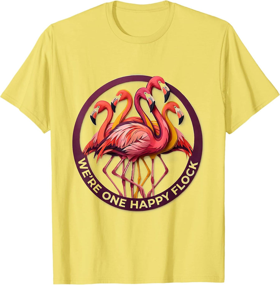 Men's We're One Happy Flock Paper Cutout Flamingo Novelty Bird T-Shirt - Lemon Yellow