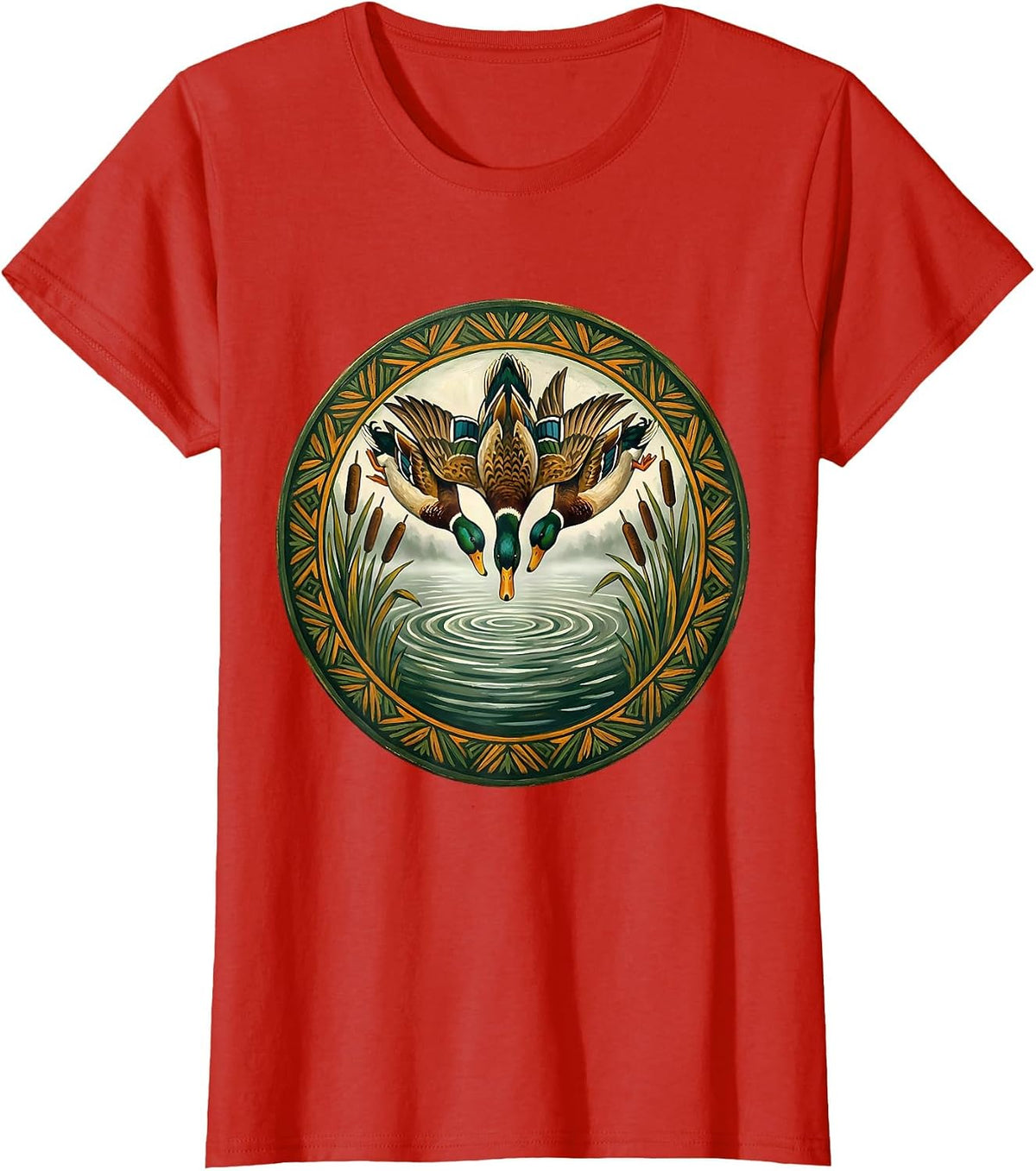 Women's Duck Camo Flock Descending on Misty Lake T-Shirt - Red