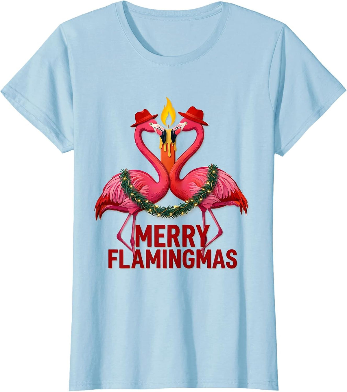 Merry Flamingmas Pink Flamingo Christmas Pun Holiday Pajamas T-Shirt - Baby Blue