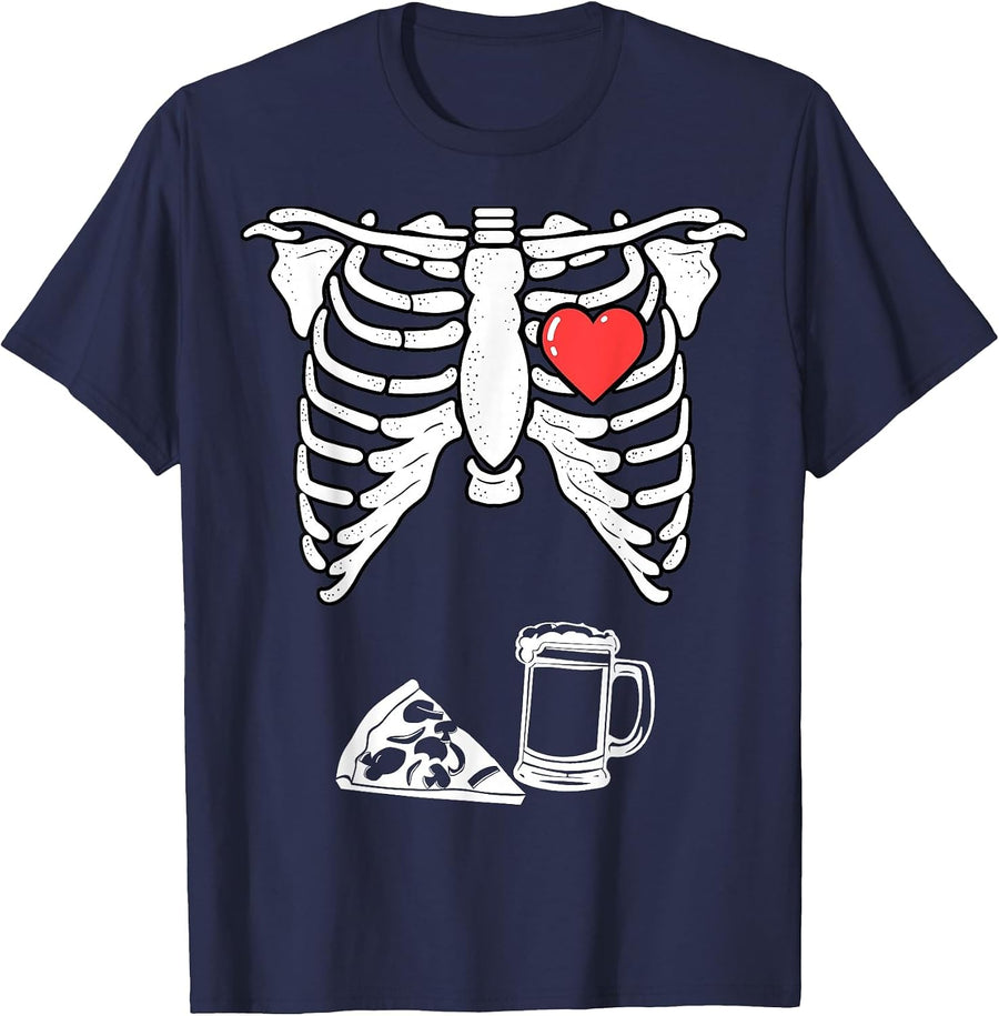 Dad Skeleton Halloween Beer Pizza Funny Pregnancy Couple Men T-Shirt - Navy Blue