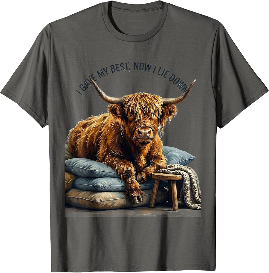I Gave My Best, Now I Lie Down Highland Cow Cozy Whimsical T-Shirt - Asphalt Grey