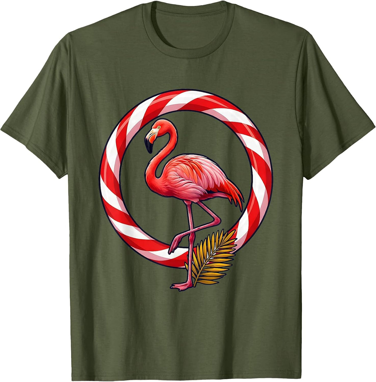Pink Flamingo Candy Cane Christmas Novelty Humor T-Shirt - Olive Green