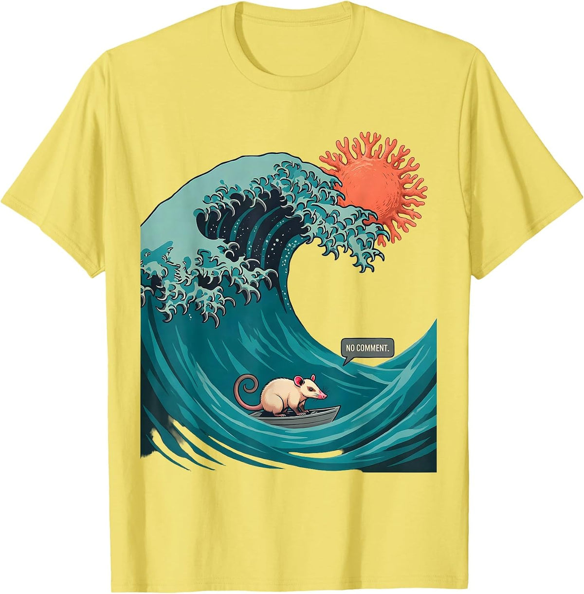 Men's No Comment Midcentury Modern Animal Surfing Opossum Parody T-Shirt - Lemon Yellow