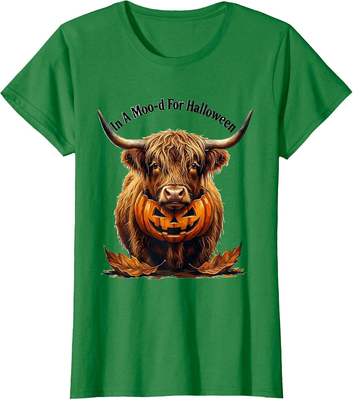 In A Moo-d For Halloween Funny Highland Cow Halloween T-Shirt - Kelly Green