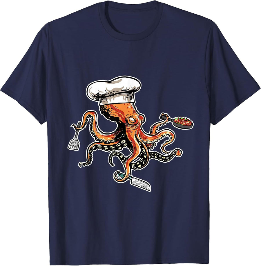 Funny Octopus Chef with Chef's Hat T-Shirt - Navy Blue