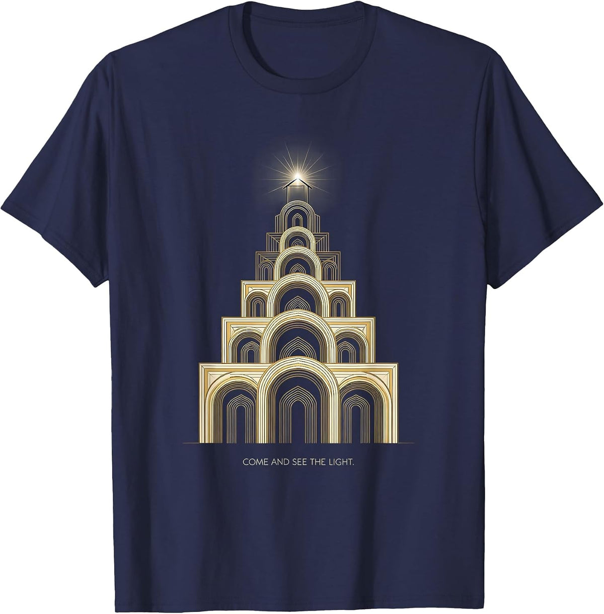 Men's Come And See The Light Art Deco Christian Faith Christmas T-Shirt - Navy Blue