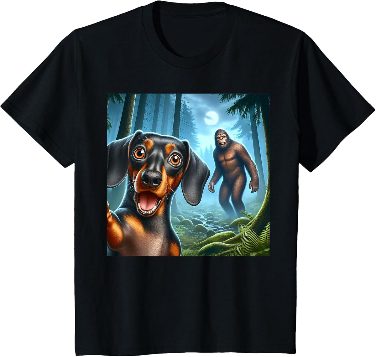 Dachshund Selfie with Bigfoot Sasquatch T-Shirt - Black