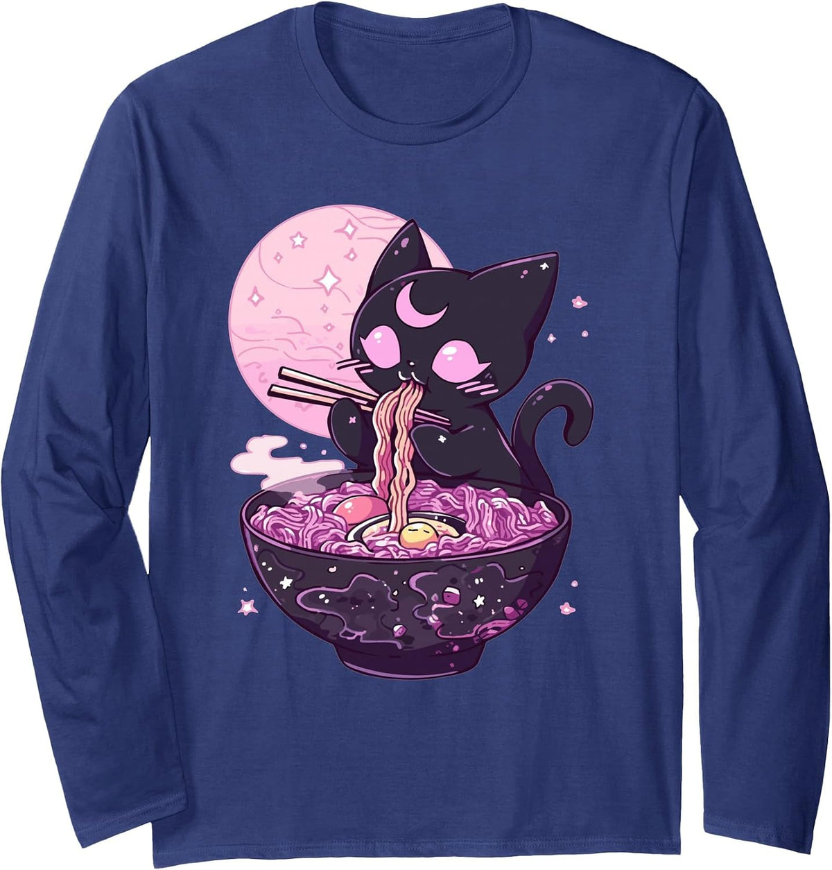 Pastel Goth Aesthetic Kawaii Creepy Cat Eating Ramen Noodles Long Sleeve T-Shirt - Adult Unisex Navy Blue