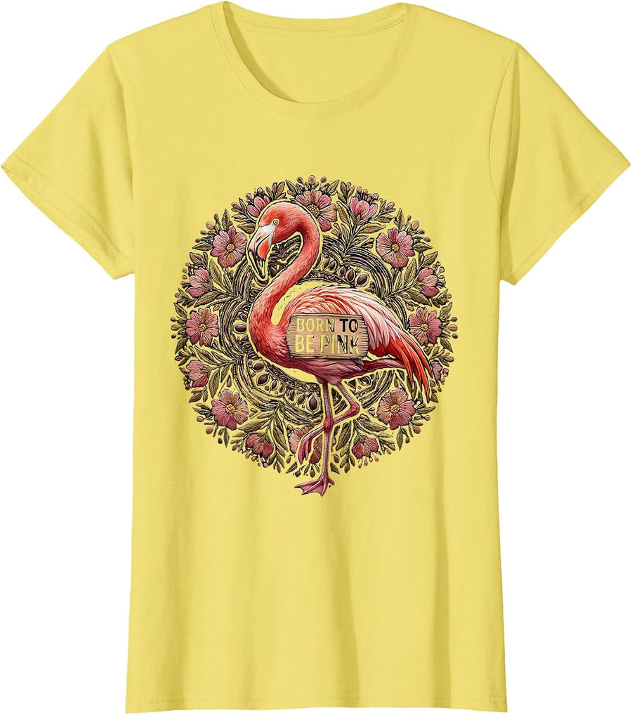 Women's Born to Be Pink Flamingo Graphic Design T-Shirt - Lemon Yellow
