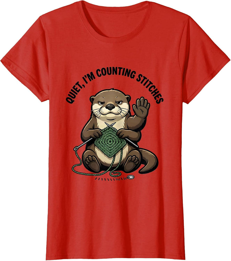 Women's Quiet I'm Counting Stitches Funny Crochet Knitting Crafter T-Shirt - Red