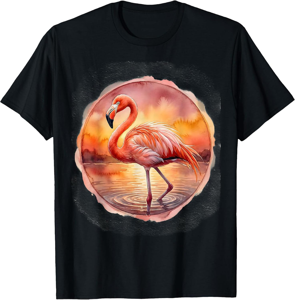 Men's Flamingo Standing on One Leg at Sunset T-Shirt - Black