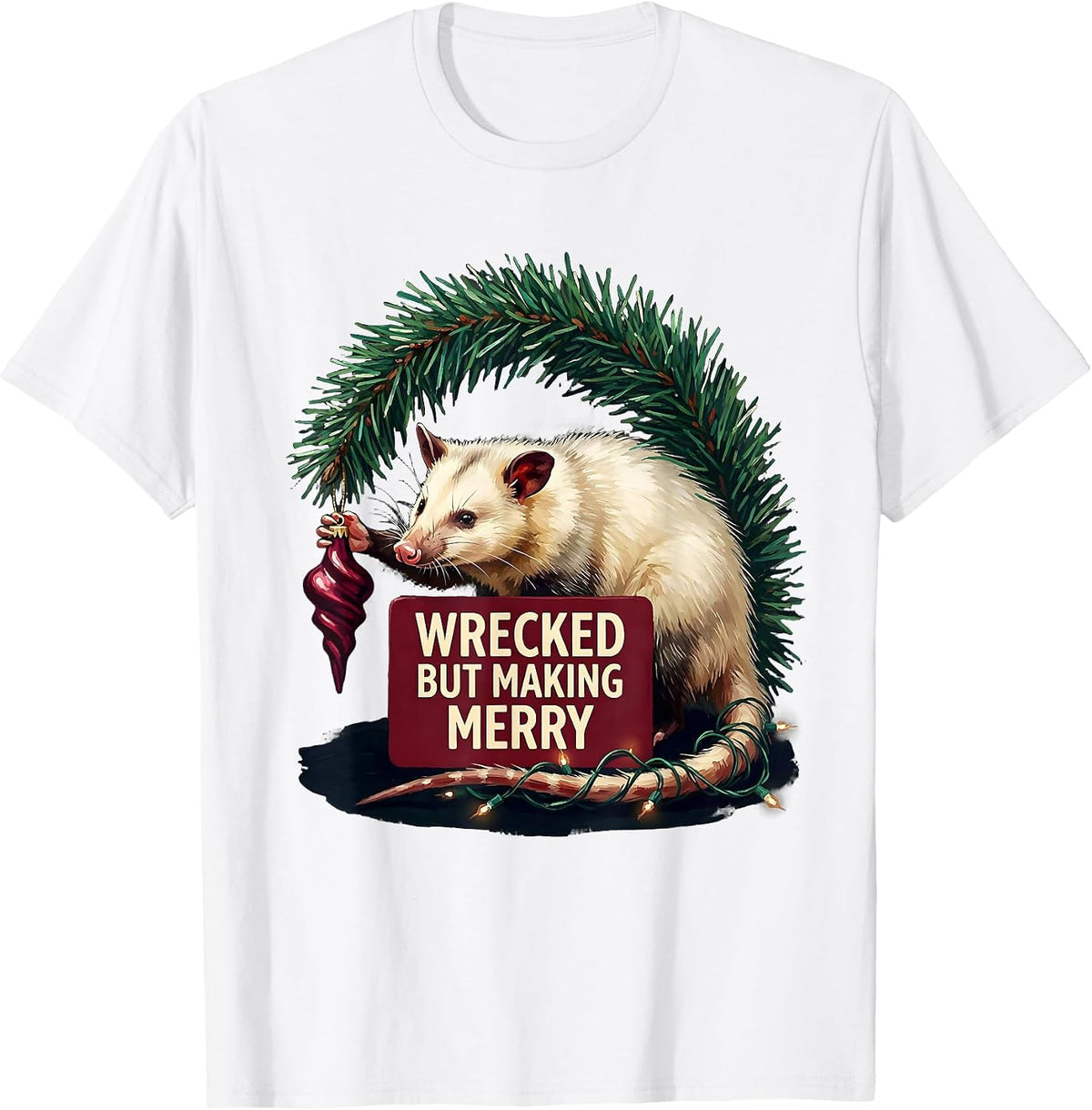 Men's Wrecked But Making Merry Funny Opossum Ugly Sweater T-Shirt - White