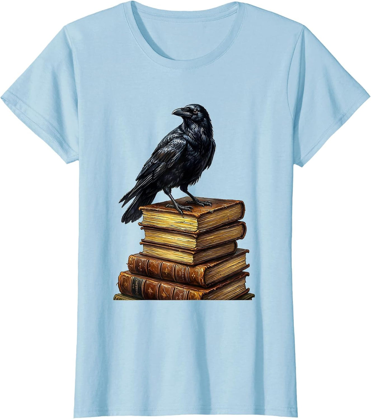 Crow on Stack of Old Books Illustration T-Shirt - Baby Blue
