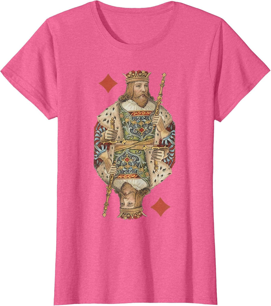 King of Diamonds Antique Art Nouveau Playing Card Art T-Shirt, Women, Pink Heather, X-Small - As Pictured