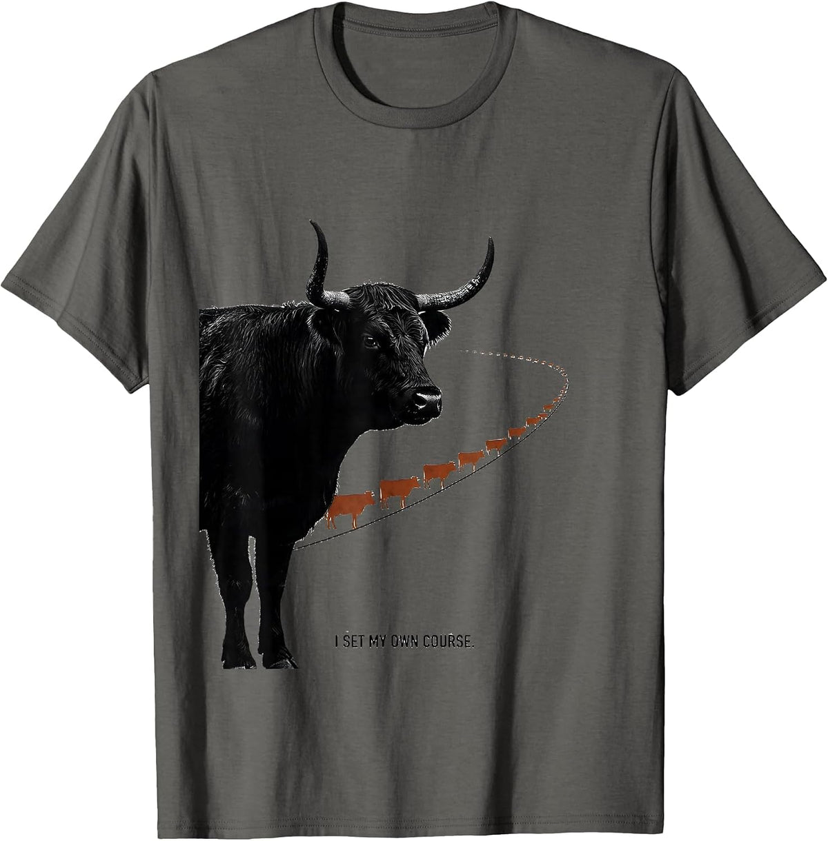 Men's I Set My Own Course Funny Highland Cow Farm Humor T-Shirt - Asphalt Grey