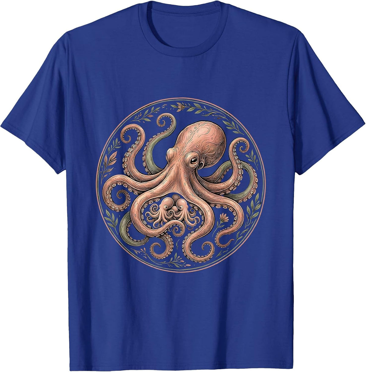 Octopus Mom and Hatchlings Cute Sea Life Design T-Shirt - Royal Blue