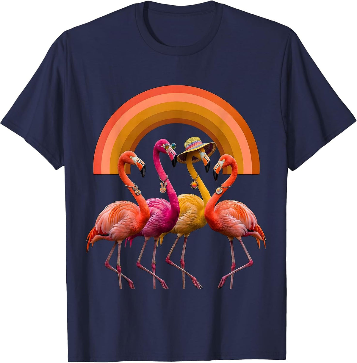 Men's Four Flamingos Retro 70s Bird Lover Group Matching T-Shirt - Navy Blue
