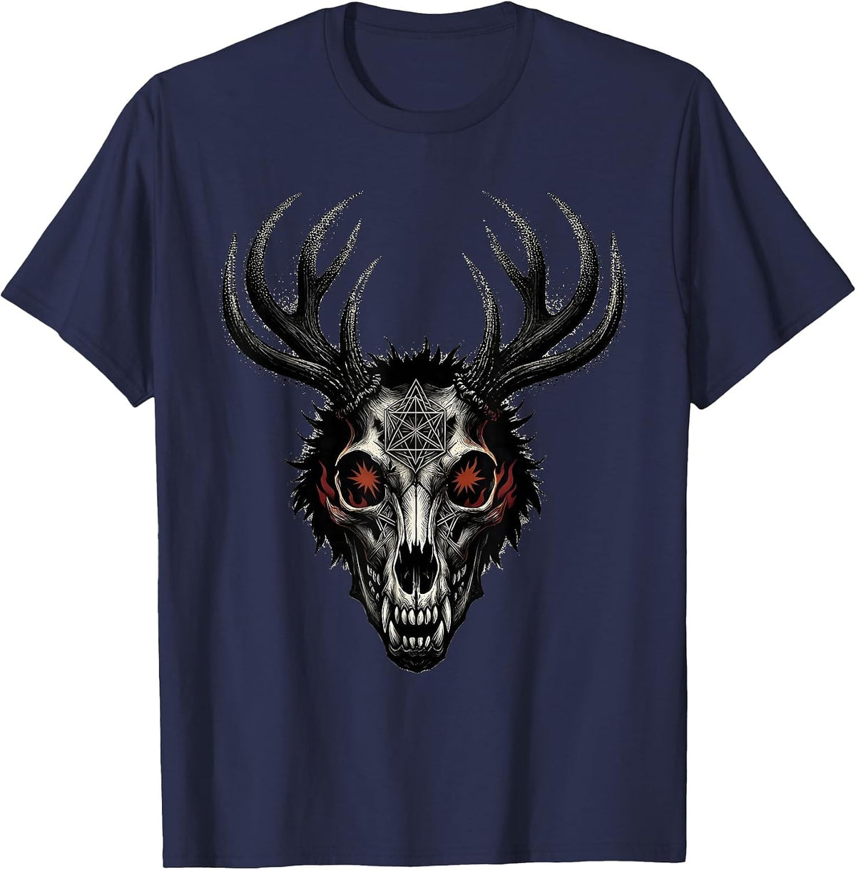 Men's Wolf Skull Antlers Death Metal Burning Eyes Design T-Shirt - Navy Blue