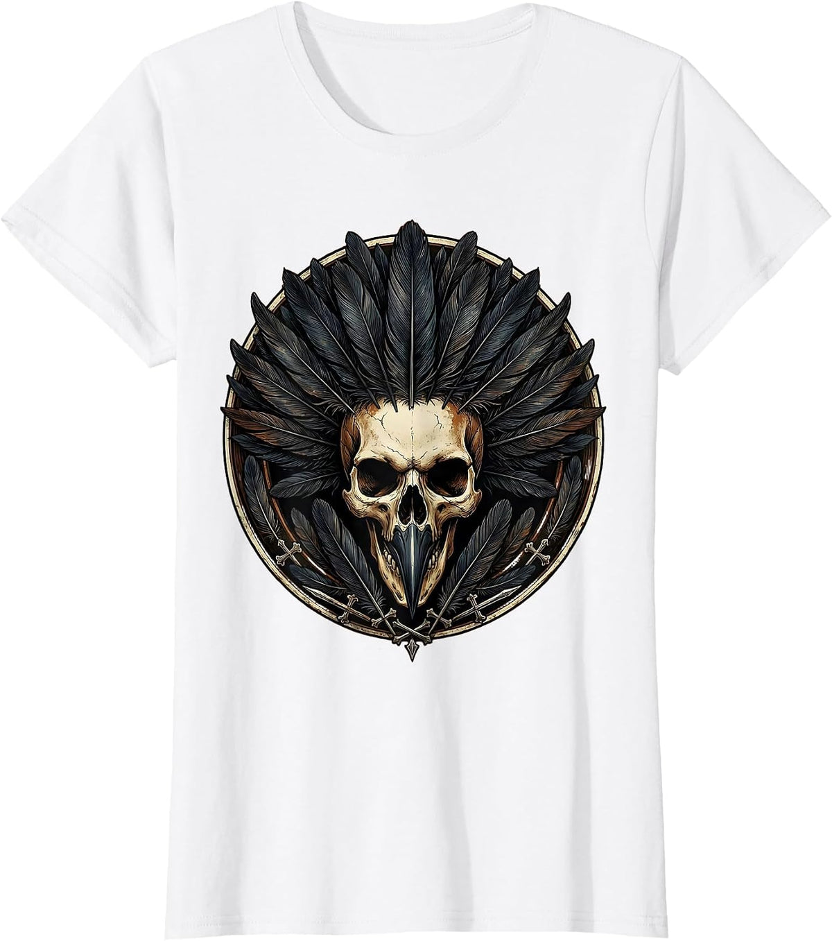 Women's Crow Skull Feather Crown Gothic Art Design T-Shirt - White