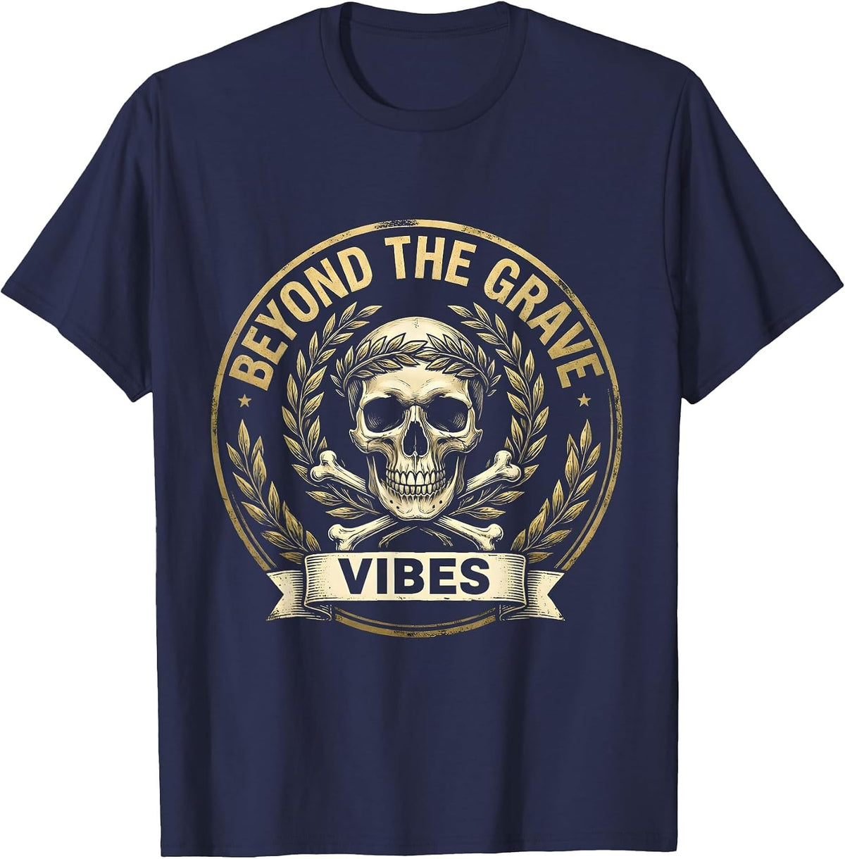 Beyond the Grave Vibes Skull Graphic Design T-Shirt - Navy Blue
