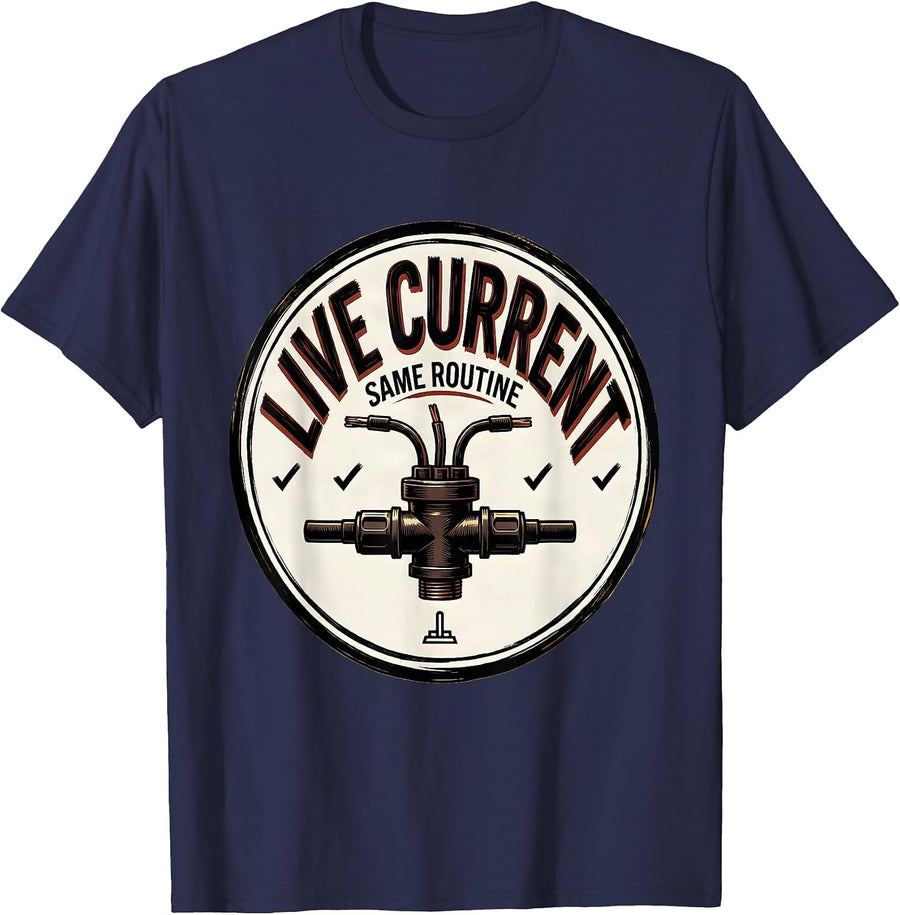Live Current Same Routine Funny Electrician Skeleton Vintage T-Shirt - Navy Blue